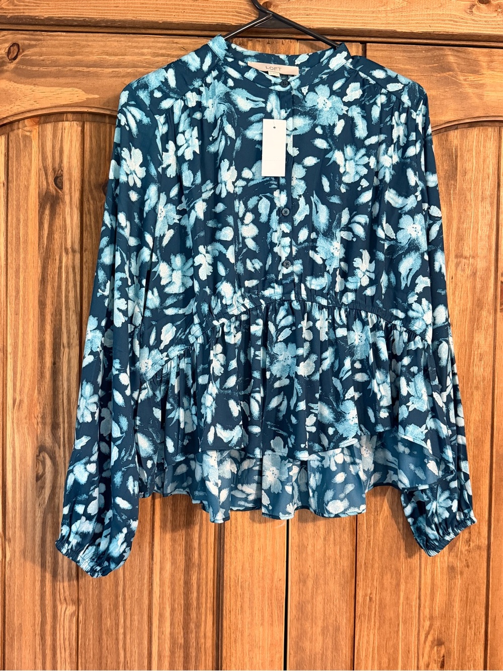 LOFT Teal Blue Floral Ruffle Peplum Blouse